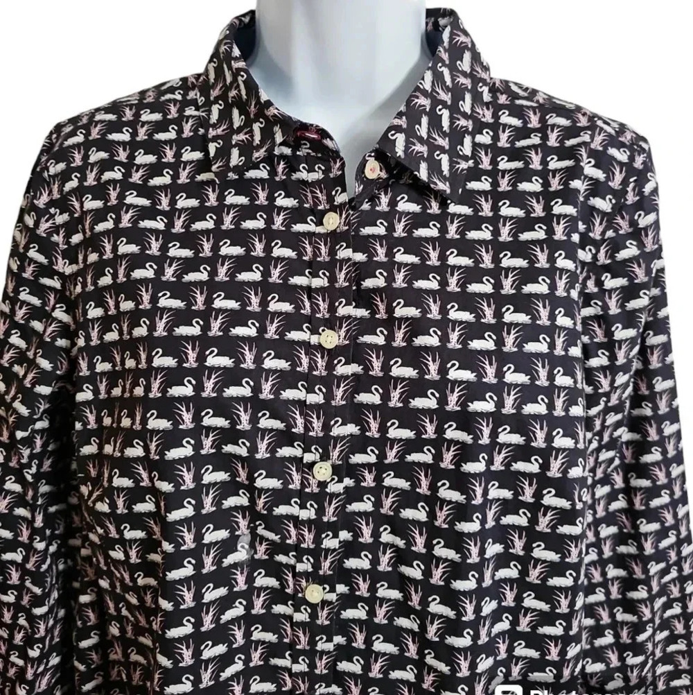 Talbots Womens 14P Shirt Black Cotton Swan Print Button Up Timeless Whimsigoth - Picture 3 of 8
